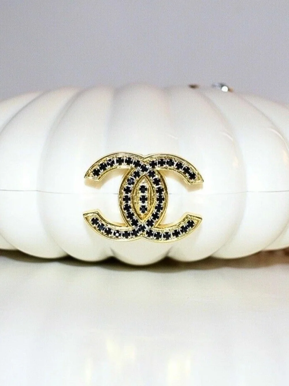 Minaudière White Clam Clutch with Gold Chain and Medallion LIMITED EDITION